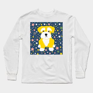 Yellow Miniature Schnauzer and Stars on Blue Background Long Sleeve T-Shirt